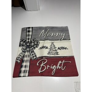 MERRY/BRIGHT Christmas Burlap Throw Pillow‎ Cover 16x16 Winter Holiday 4 PCs